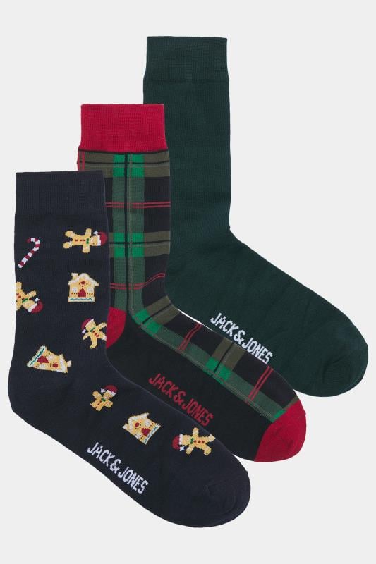 JACK & JONES 3 PACK Blue & Green Christmas & Tartan Print Socks | BadRhino 1