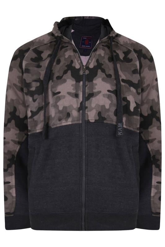 KAM Charcoal Grey Camo Colour Block Zip Through Hoodie | BadRhino 3