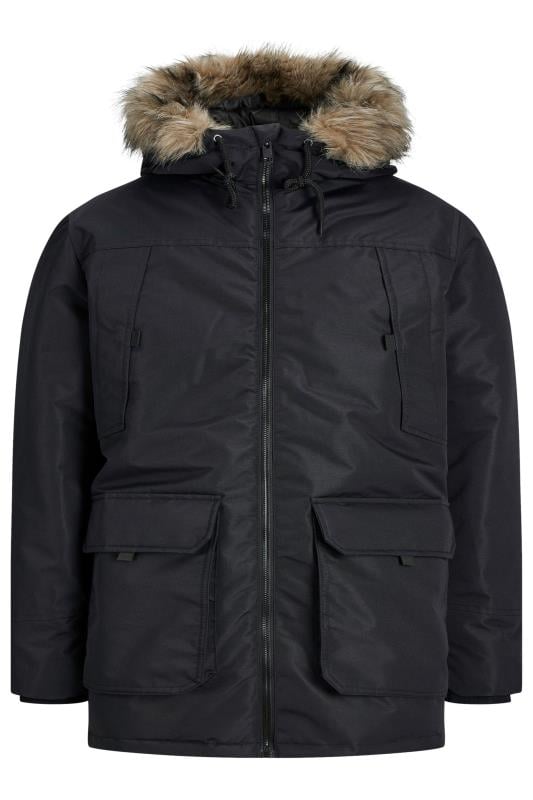 JACK & JONES Big & Tall Black Faux Fur Hooded Parka Jacket | BadRhino 2