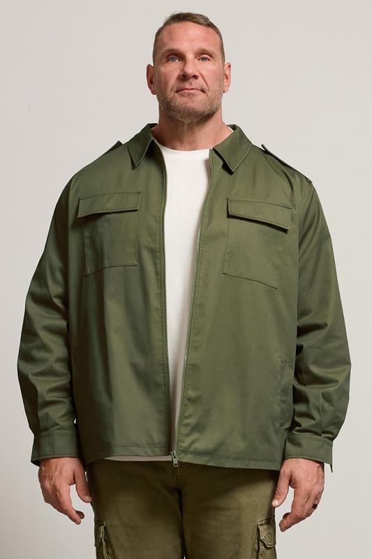 Men's  BadRhino Big & Tall Khaki Green Military Zip Through Overshirt