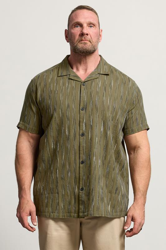  BadRhino Big & Tall Khaki Green Knitted Detail Revere Shirt