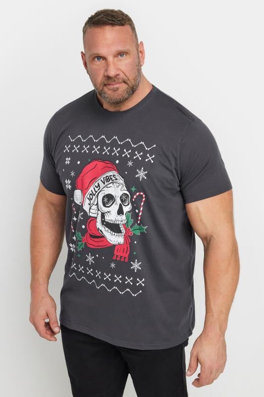 BadRhino Big & Tall Grey Christmas Skull Graphic T-Shirt | BadRhino 1