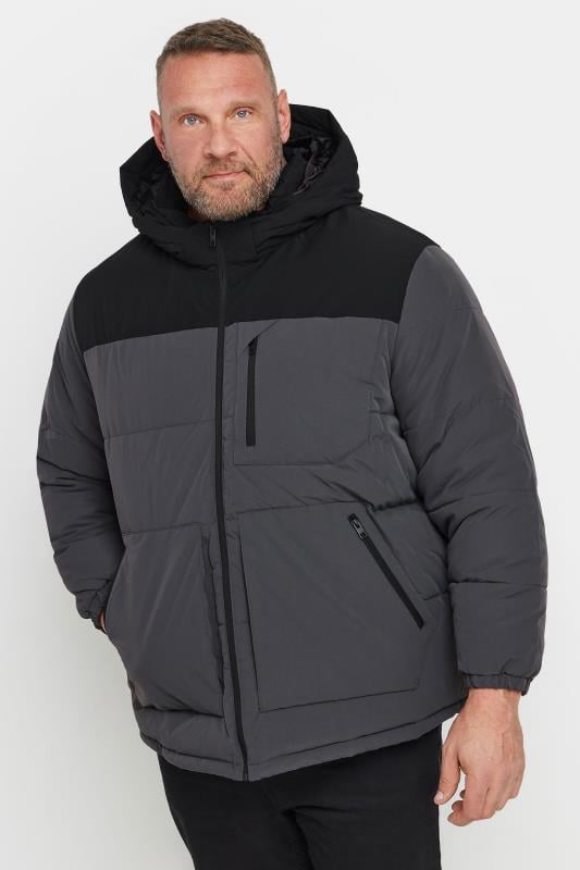 JACK & JONES Big & Tall Grey Hooded Colourblock Puffer Jacket | BadRhino 1