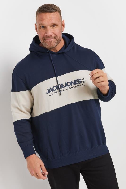 JACK & JONES Big & Tall Navy & White Colourblock Logo Hoodie | BadRhino 1