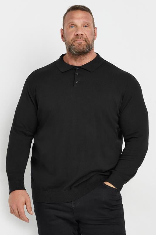 BadRhino Big & Tall Black Long Sleeve Knitted Polo Shirt | BadRhino 1