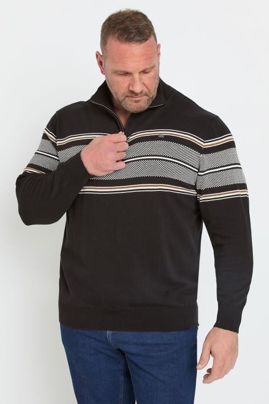 KAM Big & Tall Black Quarter Zip Stripe Knit Jumper | BadRhino 1