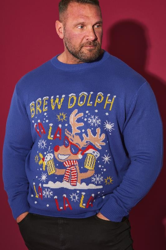 Men's  BadRhino Blue 'Brew Dolph' Graphic Christmas Knitted Jumper