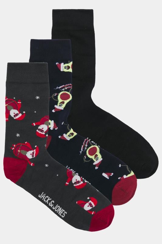 JACK & JONES 3 PACK Blue & Black Christmas Santa Socks | BadRhino 1