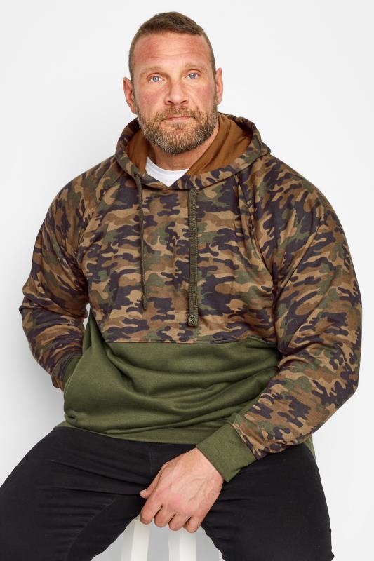 KAM Big & Tall Khaki Green Camo Colour Block Hoodie | BadRhino 1