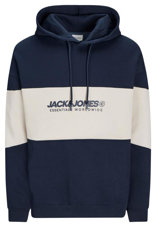 JACK & JONES Big & Tall Navy & White Colourblock Logo Hoodie | BadRhino 2