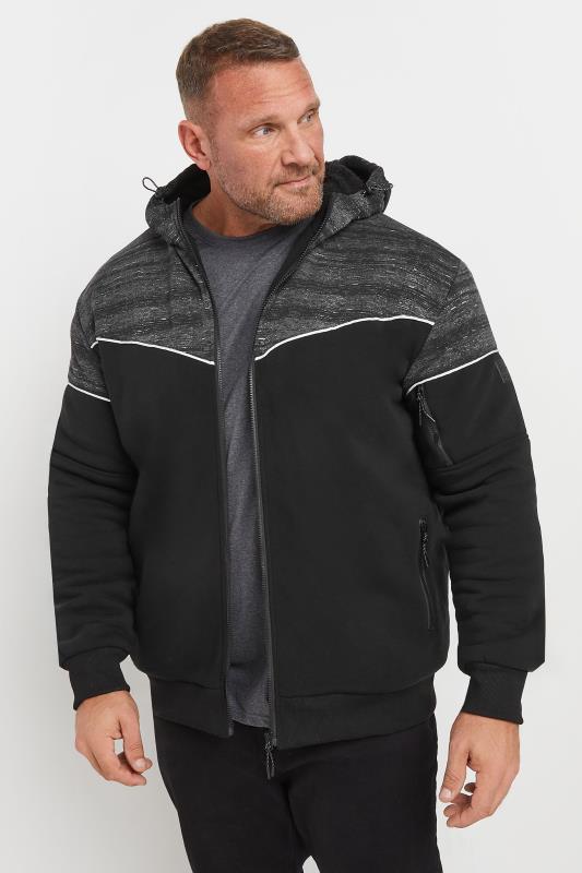 D555 Big Tall Black Grey Zip Through Sherpa Lined Hoodie BadRhino