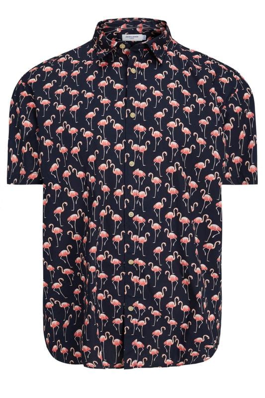 JACK & JONES Big & Tall Plus Size Navy Blue Flamingo Print Short Sleeve Shirt | BadRhino  2