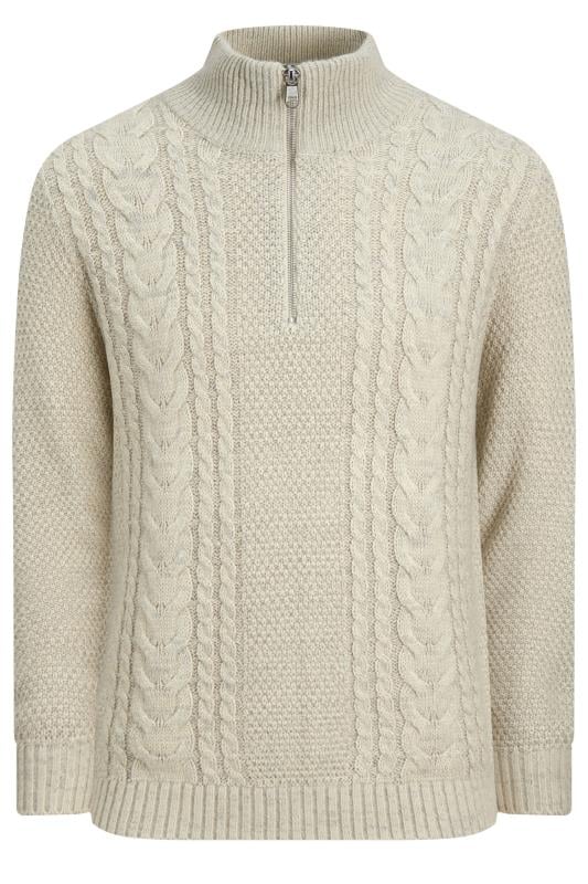 JACK & JONES Big & Tall Natural Cream Half Zip Cable Knit Jumper | BadRhino 1