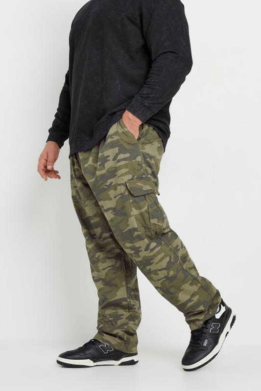 ESPIONAGE Big & Tall Green Camo Print Cargo Trousers | BadRhino 1