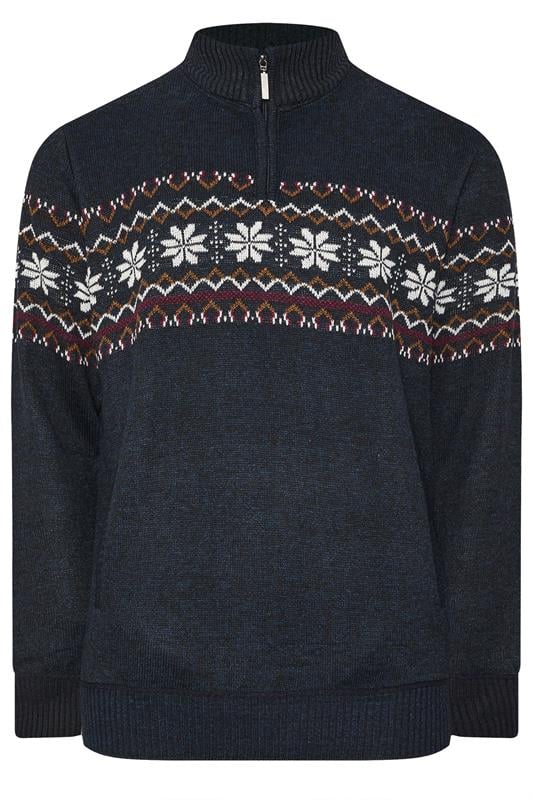 D555 Big & Tall Navy Blue Fairisle Quater Zip Knitted Jumper | BadRhino 1