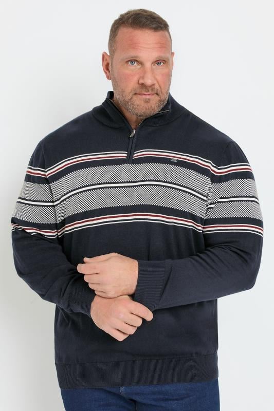 KAM Big & Tall Navy Blue Quarter Zip Stripe Knit Jumper | BadRhino 1