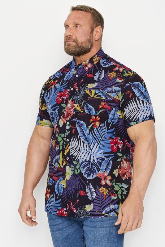 Men's  D555 Big & Tall Black & Blue Hawaiian Print Short Sleeve Shirt