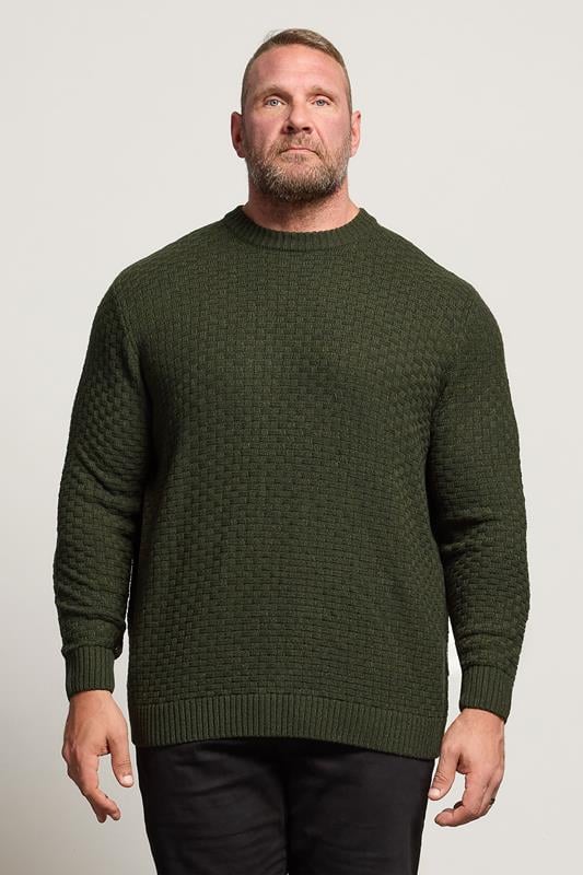 Men's  BadRhino Big & Tall Dark Green Textured Crew Neck Knitted Jumper