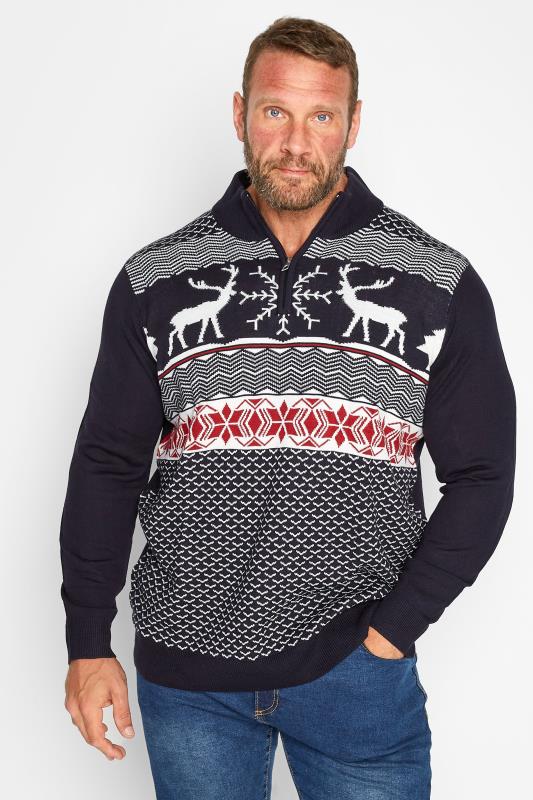 Men's  BadRhino Big & Tall Navy Blue Quarter Zip Reindeer Christmas Knitted Jumper