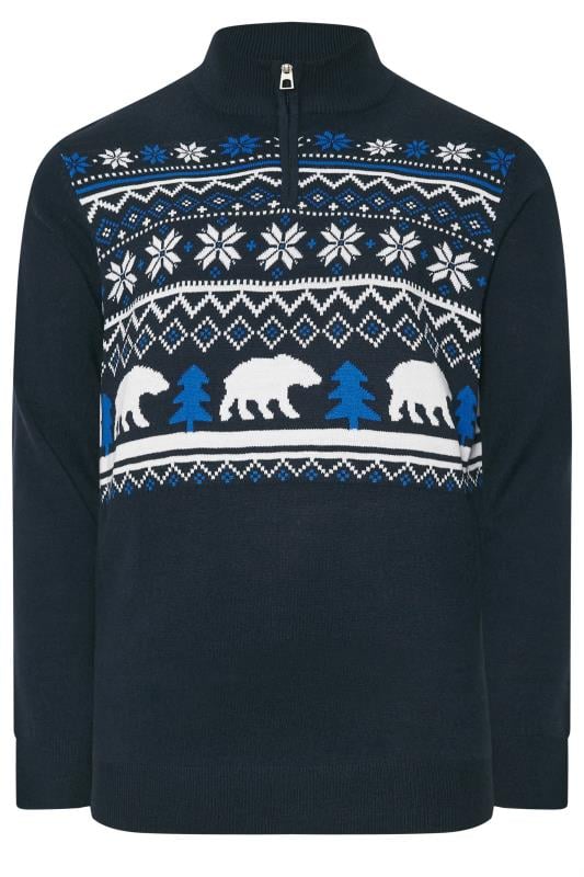 BadRhino Big & Tall Navy Blue Knitted Polar Bear Quarter Zip Jumper | BadRhino 4