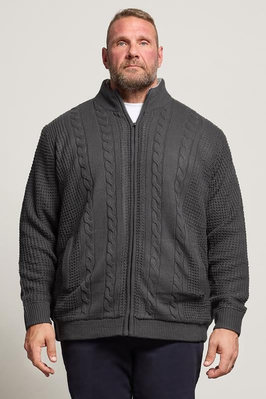 Men's  BadRhino Big & Tall Charcoal Grey Sherpa Lined Zip Through Cable Jumper