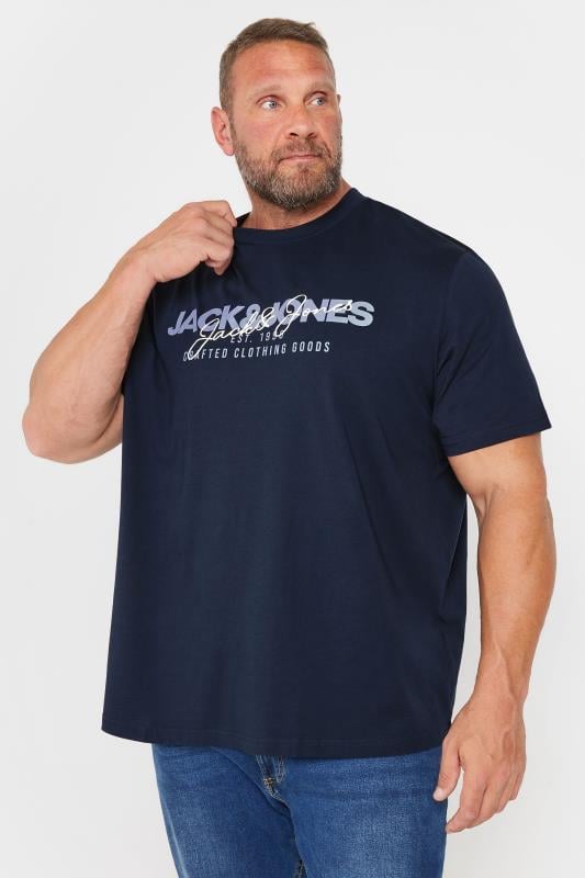 JACK & JONES Big & Tall Navy Blue Brand Chest Logo Crew Neck T-Shirt | BadRhino 1