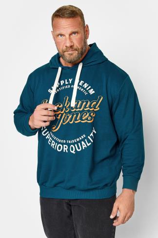 JACK & JONES Big & Tall Blue Hooded Logo Print Sweatshirt | BadRhino