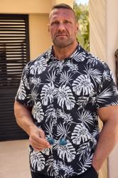 BadRhino Navy Blue Tropical Print Short Sleeve Linen Shirt | BadRhino 1