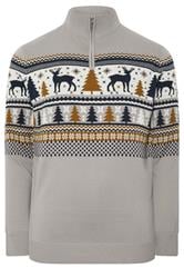 BadRhino Big & Tall Grey Fairisle Deer Quarter Zip Knitted Jumper | BadRhino 1