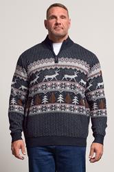 D555 Big & Tall Navy Blue Christmas Quarter Zip Jumper | BadRhino 1