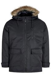 JACK & JONES Big & Tall Black Faux Fur Detachable Hooded Parka Jacket | BadRhino 1