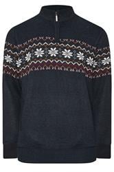 D555 Big & Tall Navy Blue Fairisle Quater Zip Knitted Jumper | BadRhino 1