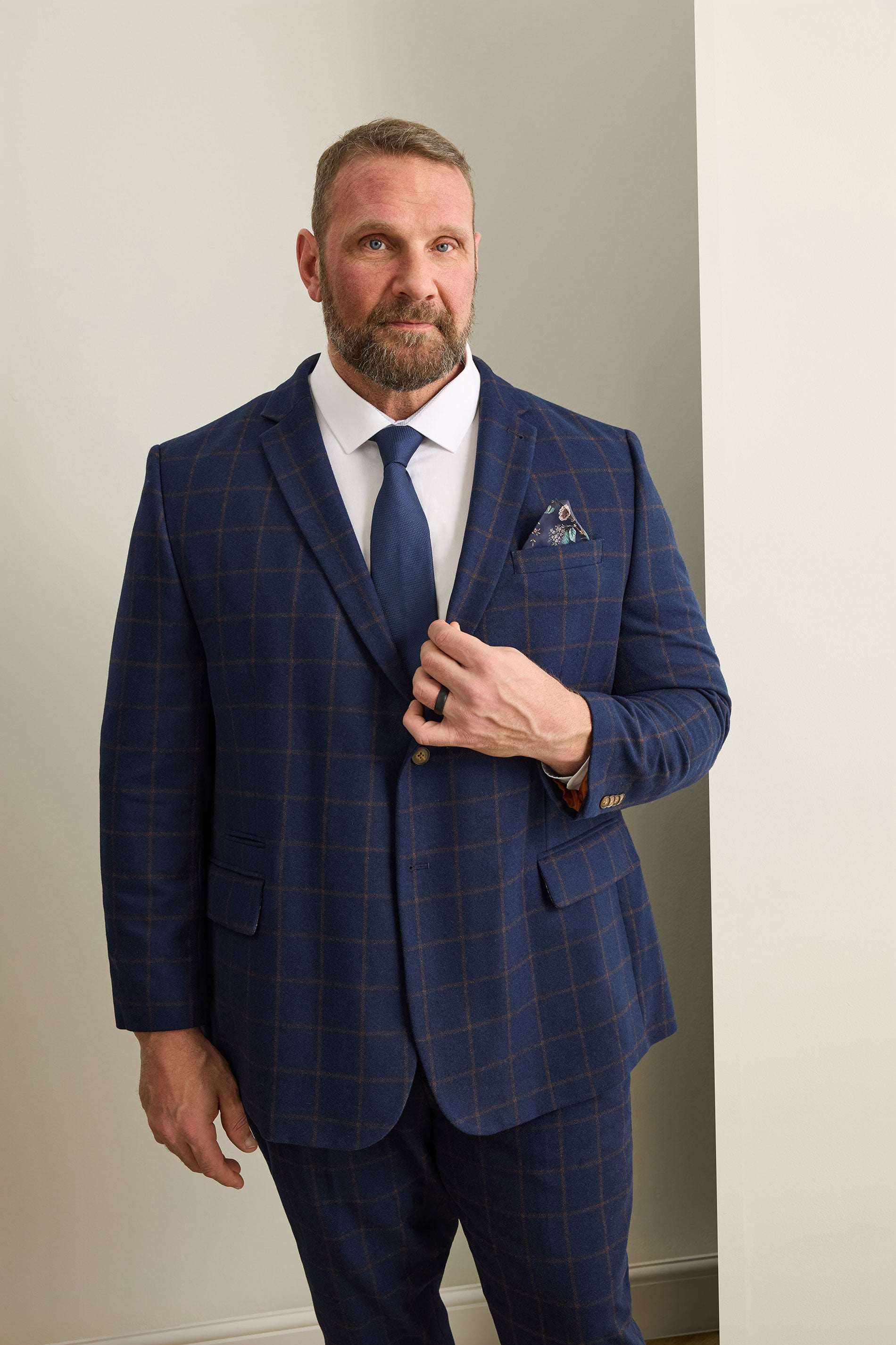 BadRhino Tailoring Big & Tall Navy Blue & Rust Orange Tweed Checked Suit Jacket | BadRhino 3