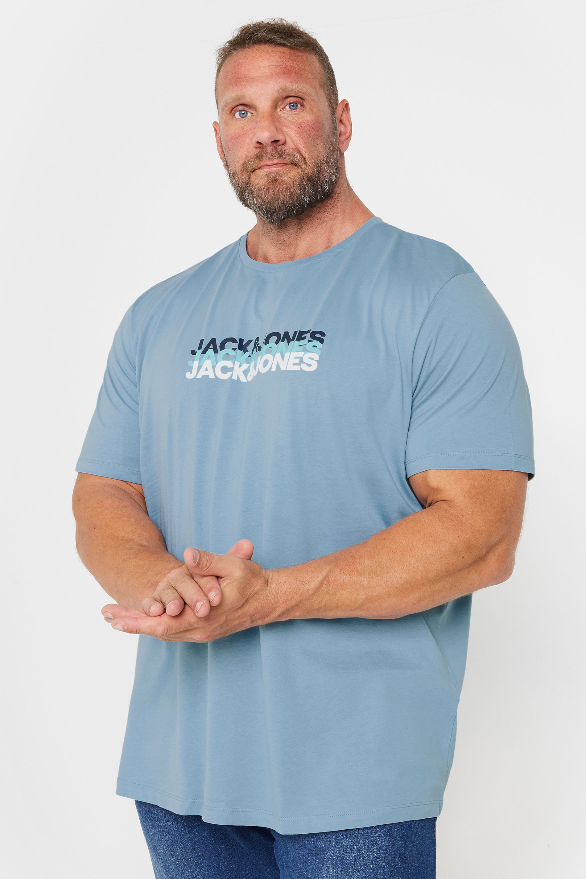 JACK & JONES Big & Tall Spring Blue Chest Logo Trio Crew Neck T-Shirt | BadRhino 1