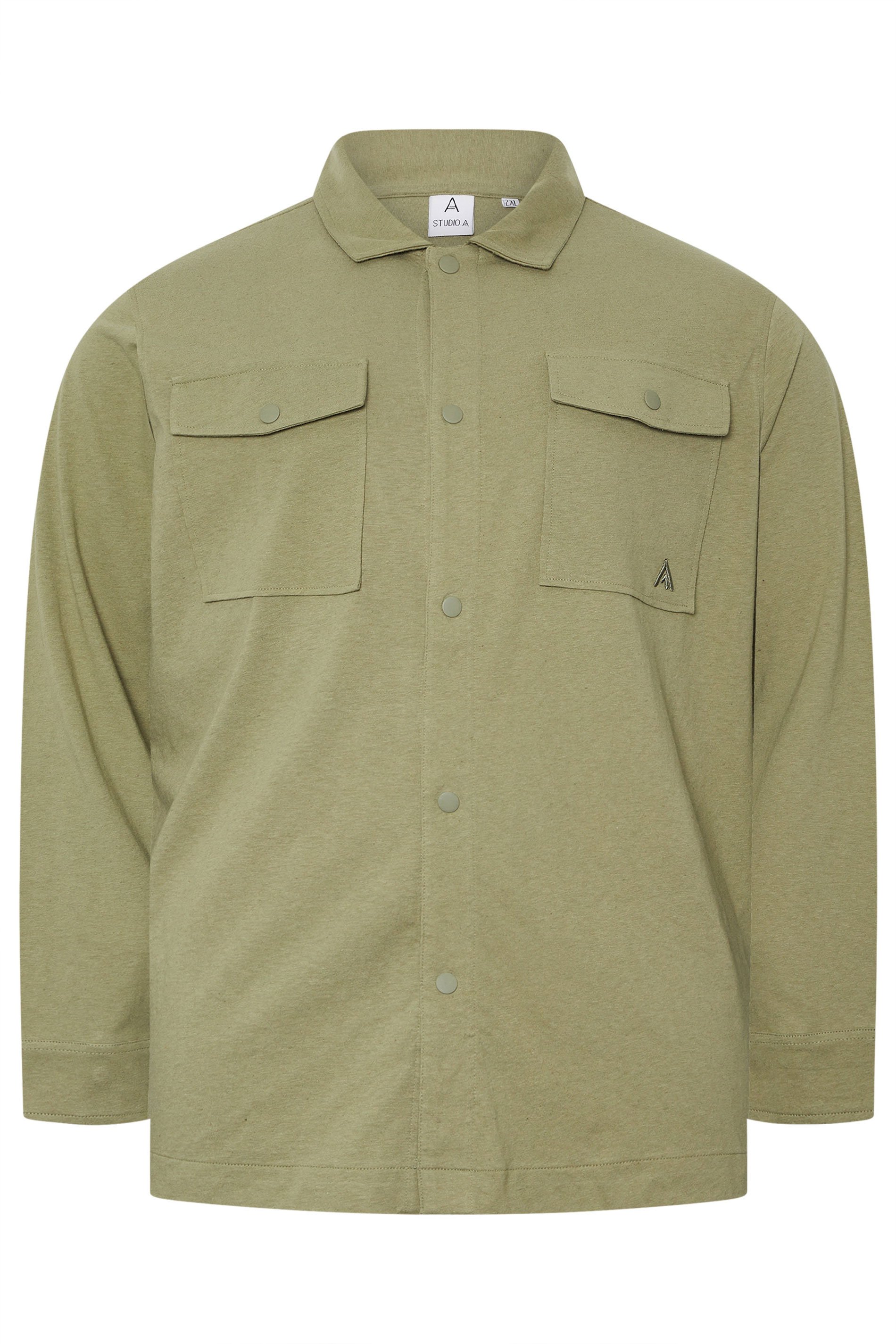 STUDIO A Big & Tall Khaki Green Linen Overshirt | BadRhino 4
