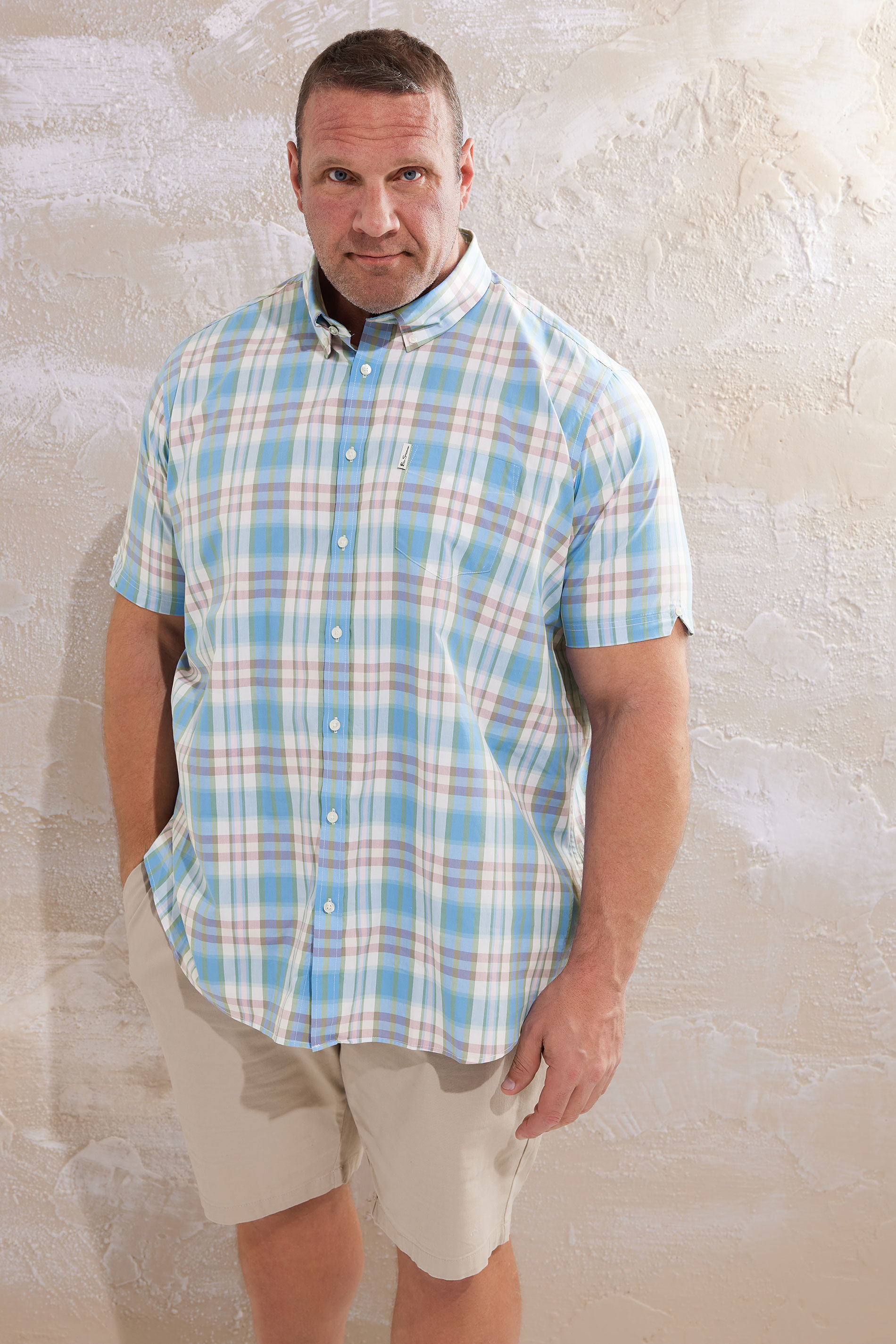 BEN SHERMAN Big & Tall Light Blue Checked Button Through Shirt | BadRhino 1