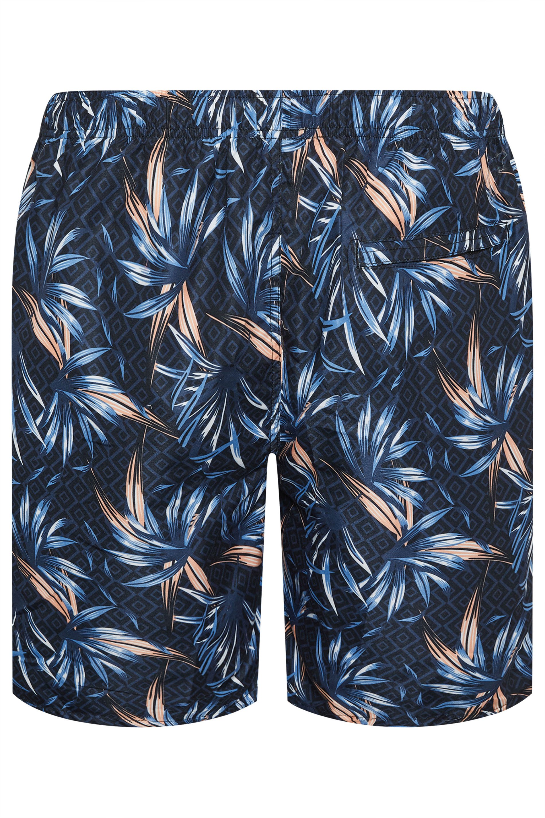 D555 Big & Tall Navy Blue Hawaiian Print Swim Shorts | BadRhino 4