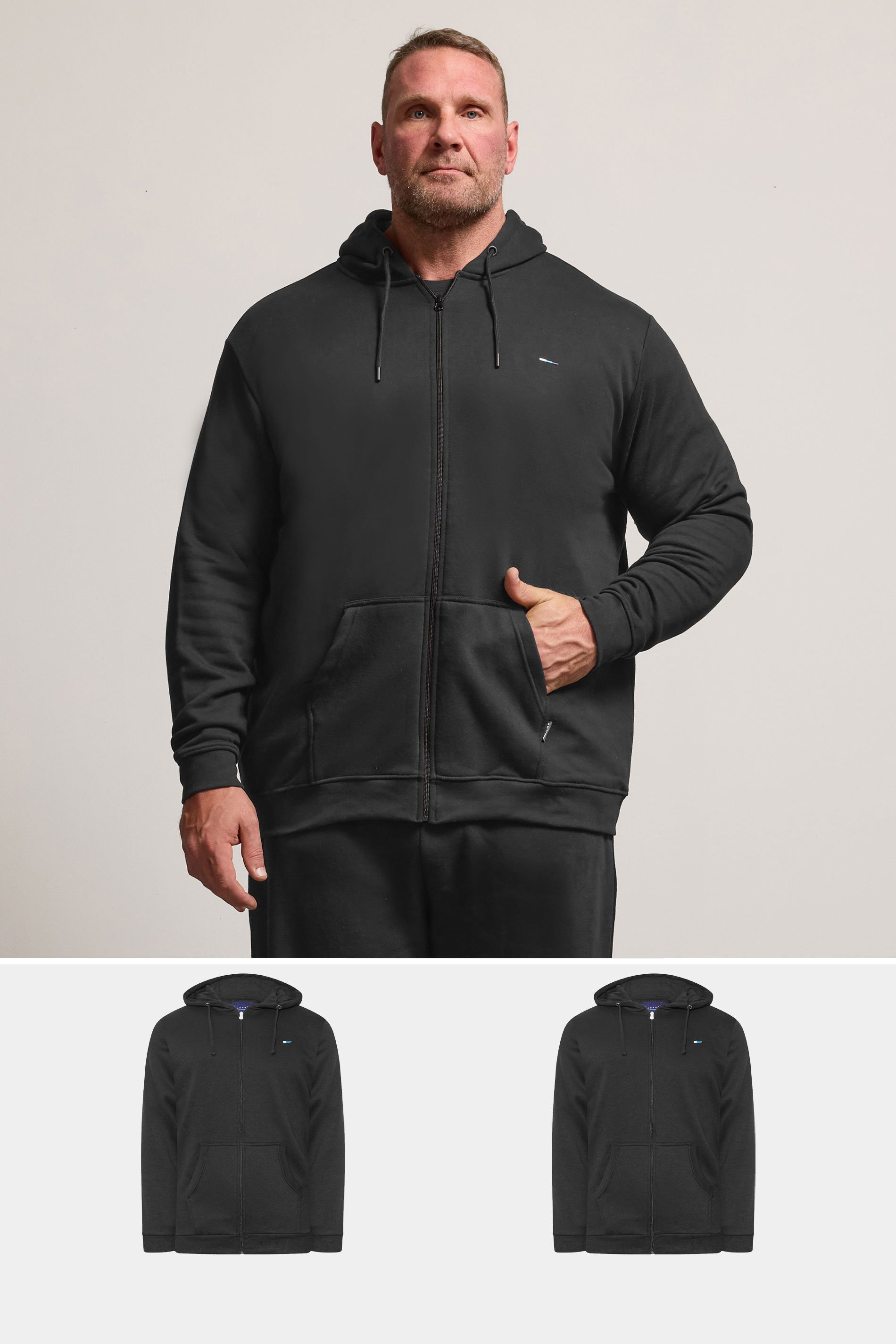 BadRhino Big & Tall 2 PACK Black Zip Through Essential Hoodie | BadRhino 1