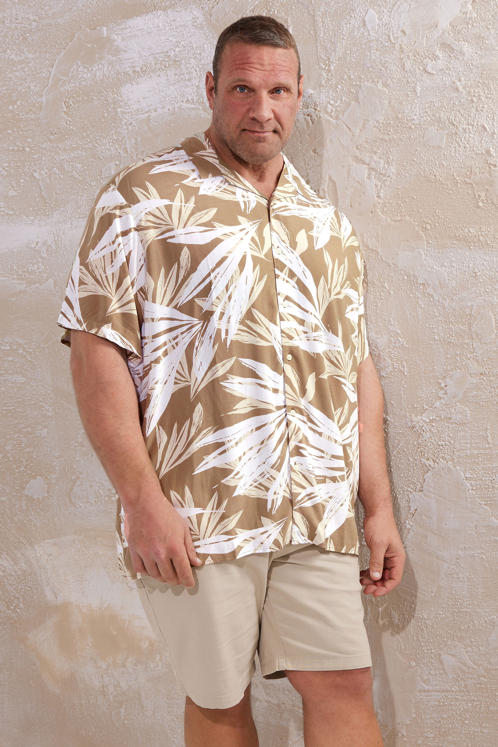 JACK & JONES Big & Tall Beige Brown Tropical Palm Collar Resort Shirt | BadRhino 1
