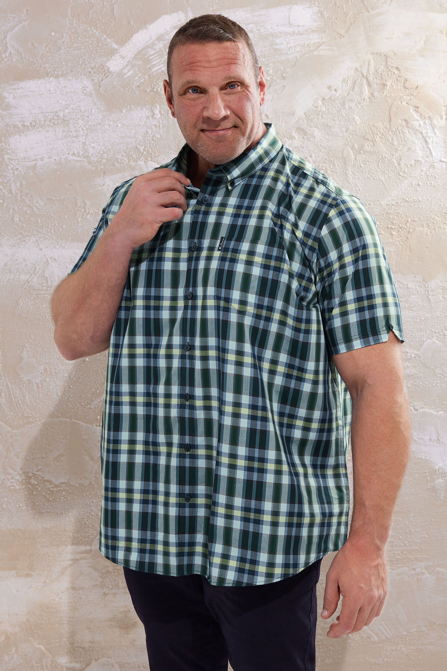 BEN SHERMAN Big & Tall Green Checked Button Through Shirt | BadRhino 1