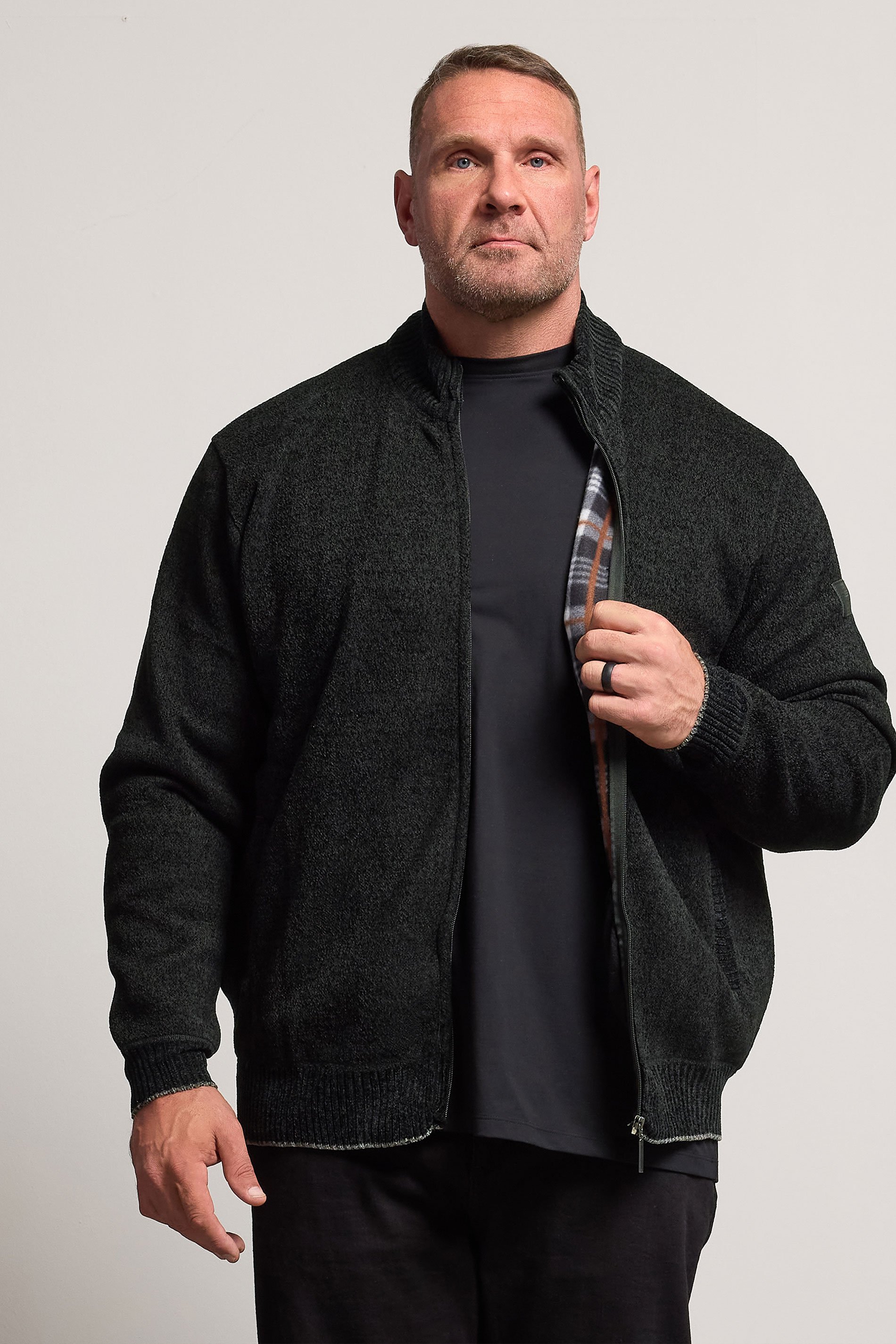 D555 Big & Tall Black Chenille Zip Through Knit Jumper | BadRhino 1