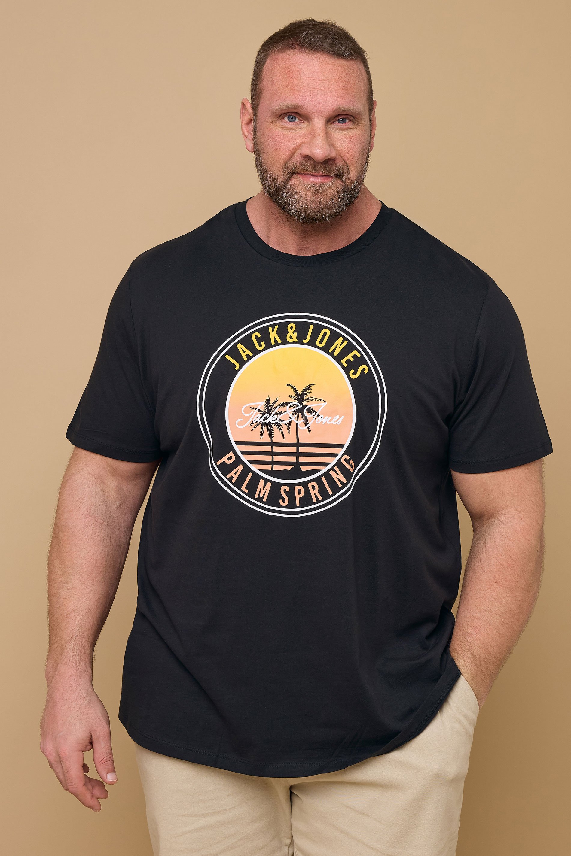 JACK & JONES Big & Tall Black 'Palm Spring' Print T-Shirt | Badrhino 1