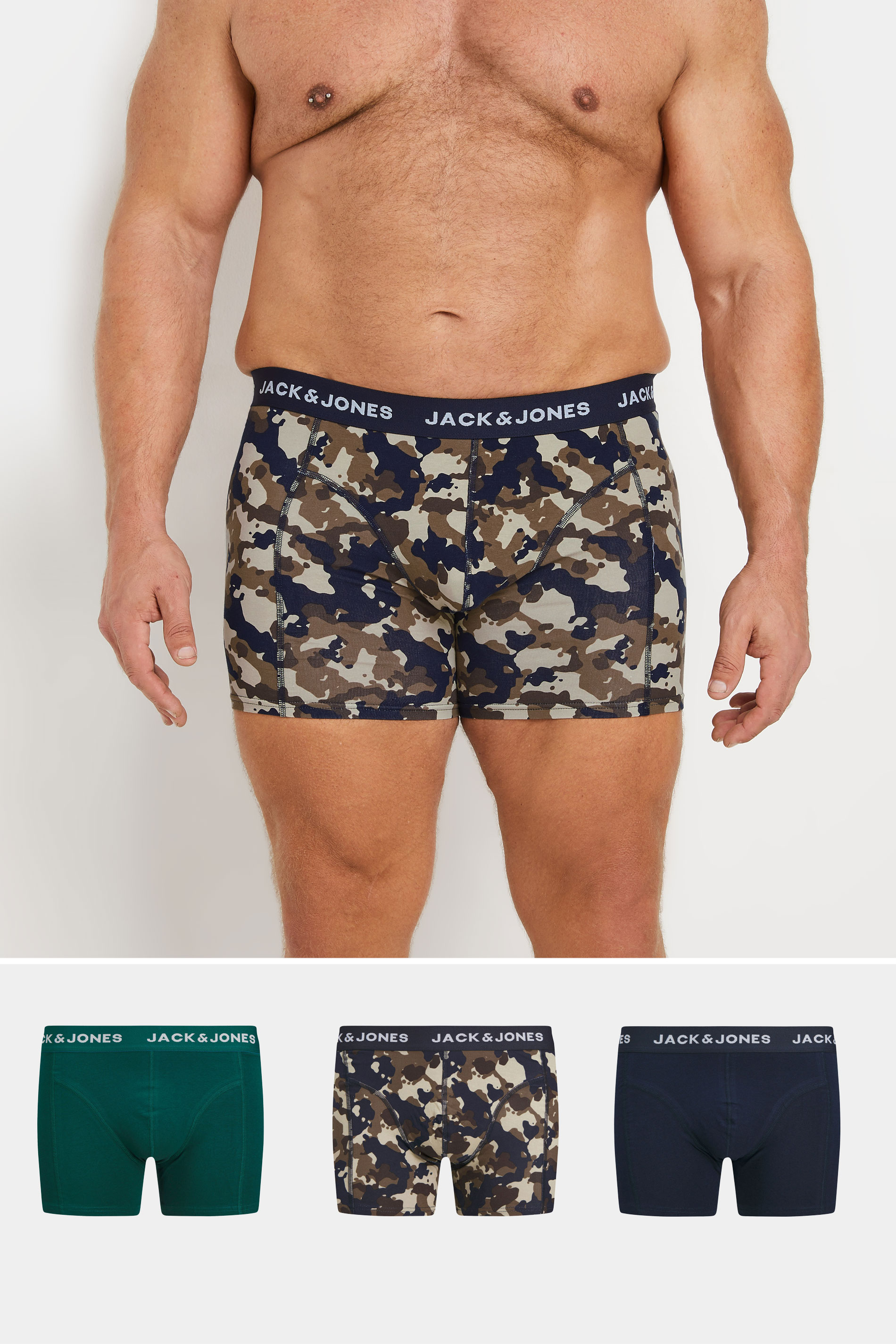 JACK & JONES Big & Tall 3 PACK Navy & Camo Print Boxers | BadRhino 1