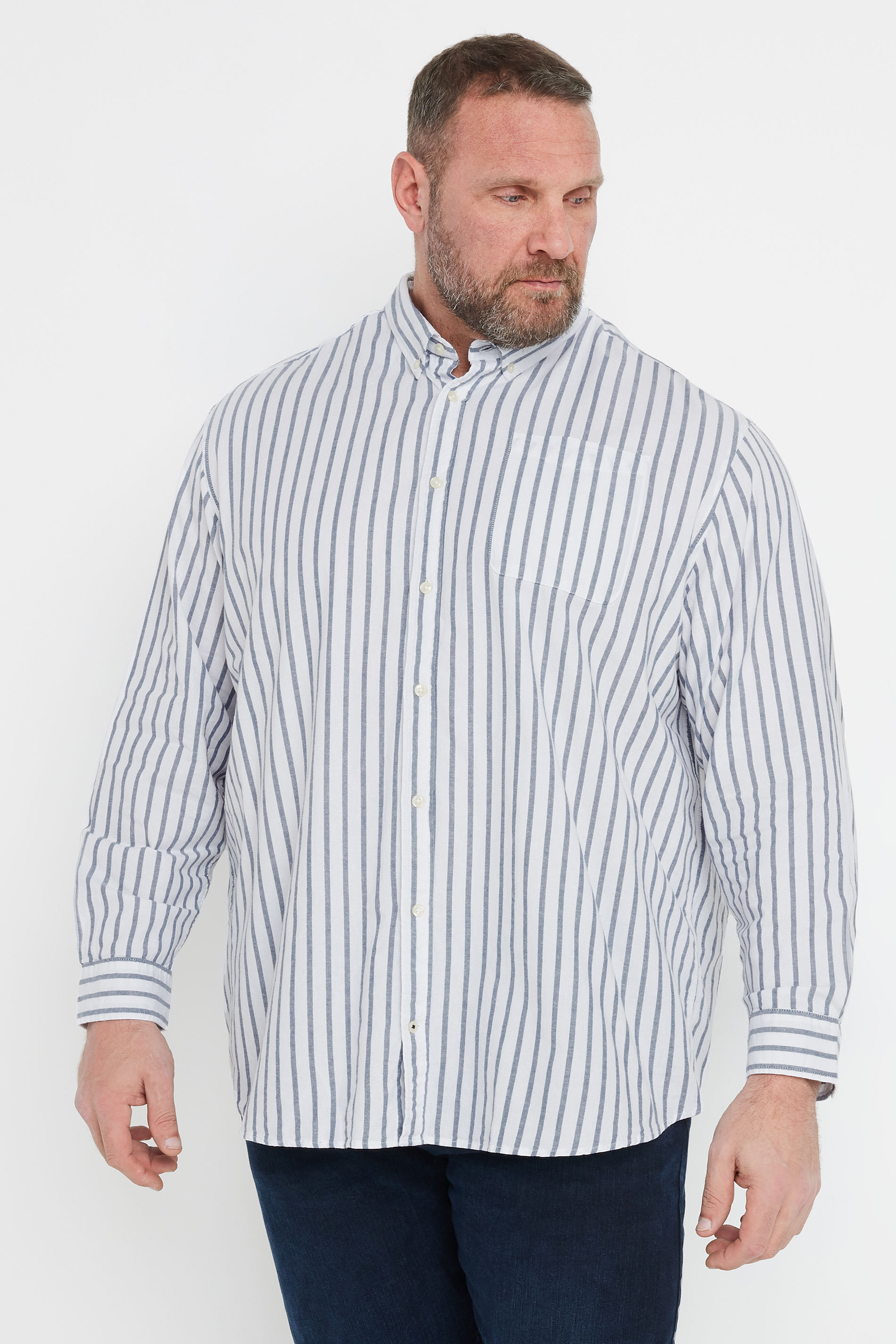 JACK & JONES Big & Tall White & Blue Striped Oxford Shirt | BadRhino 1