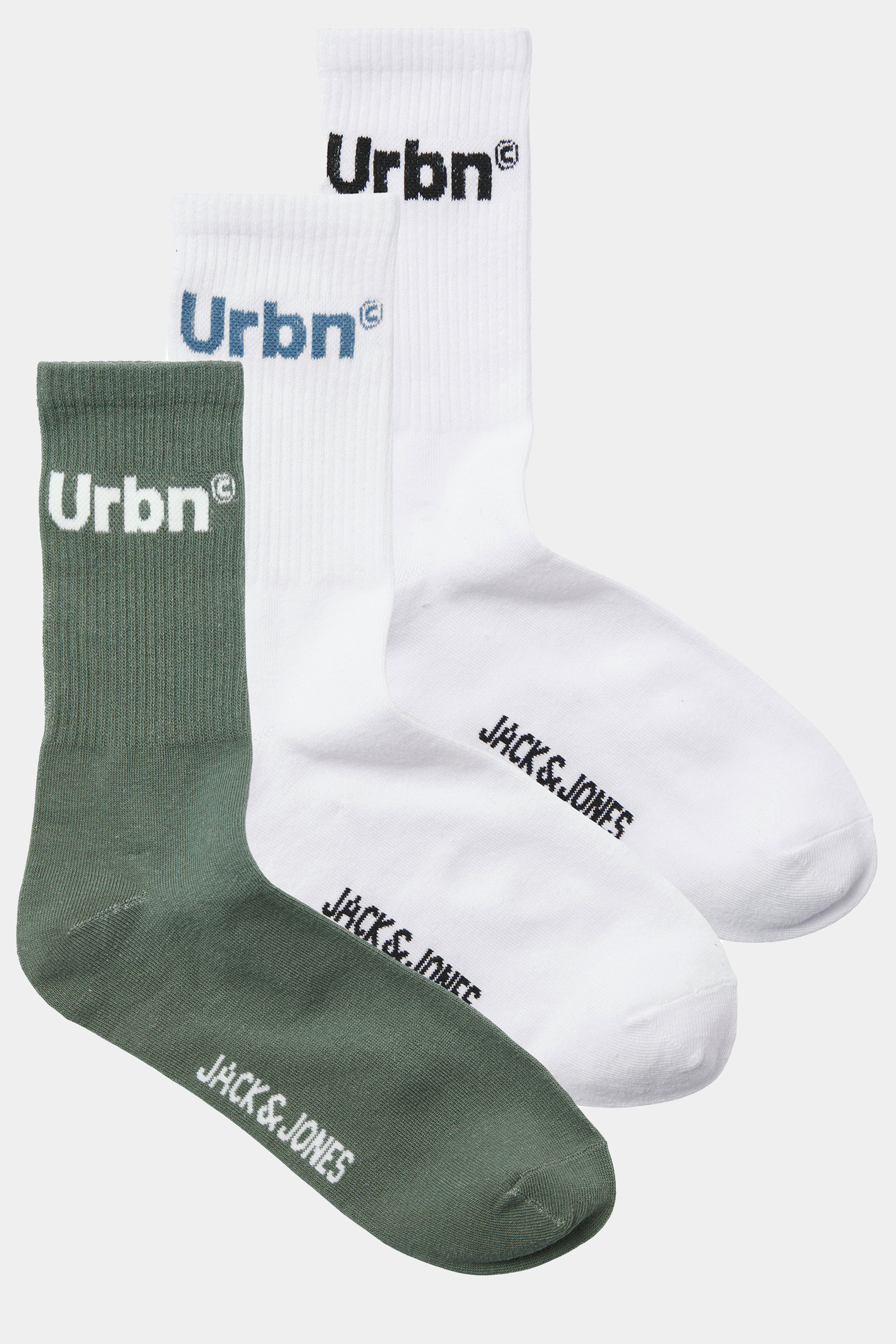 JACK & JONES 3 Pack White & Green 'Urbn' Socks | BadRhino 3