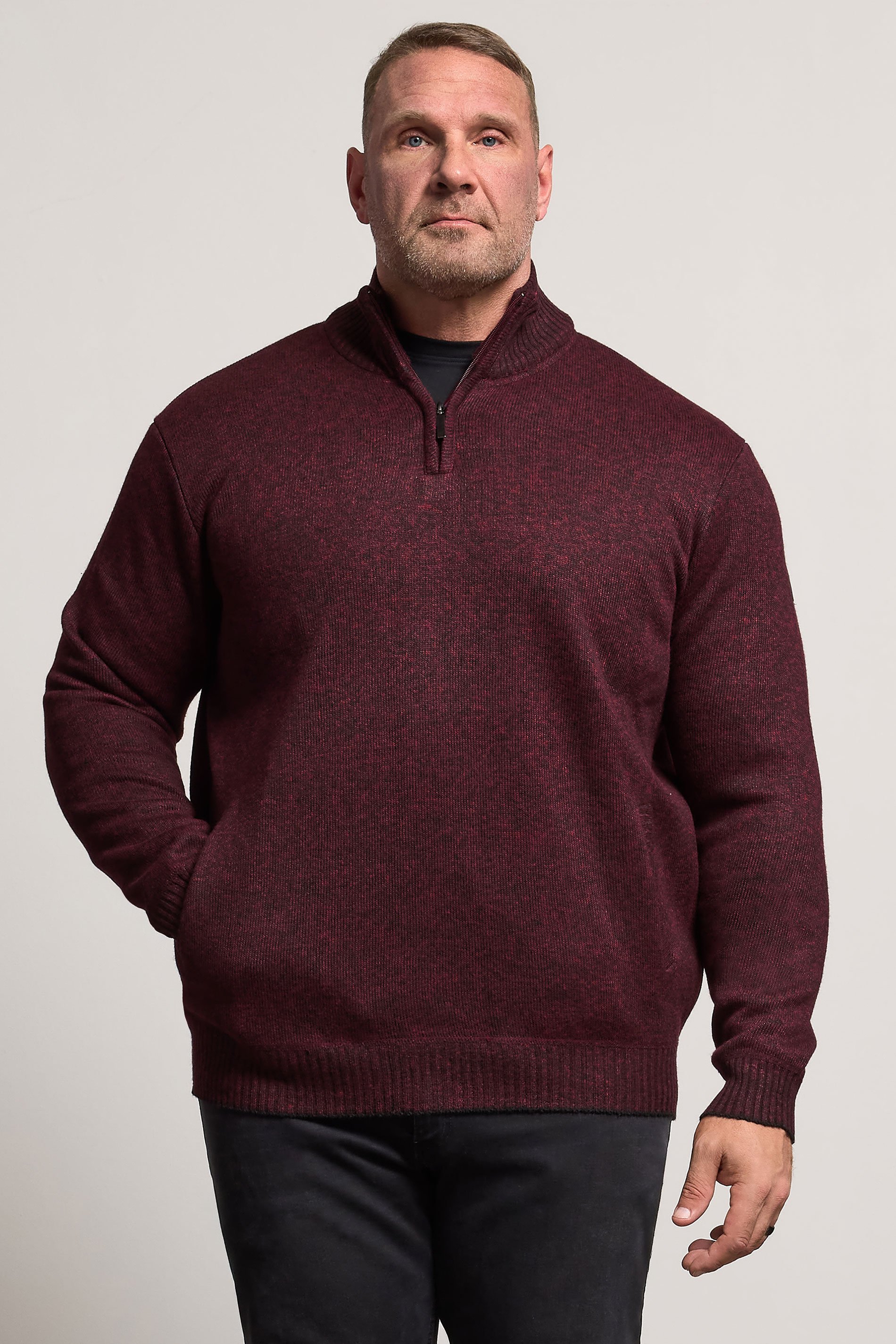 D555 Big & Tall Burgundy Red Quarter Zip Knitted Jumper 1