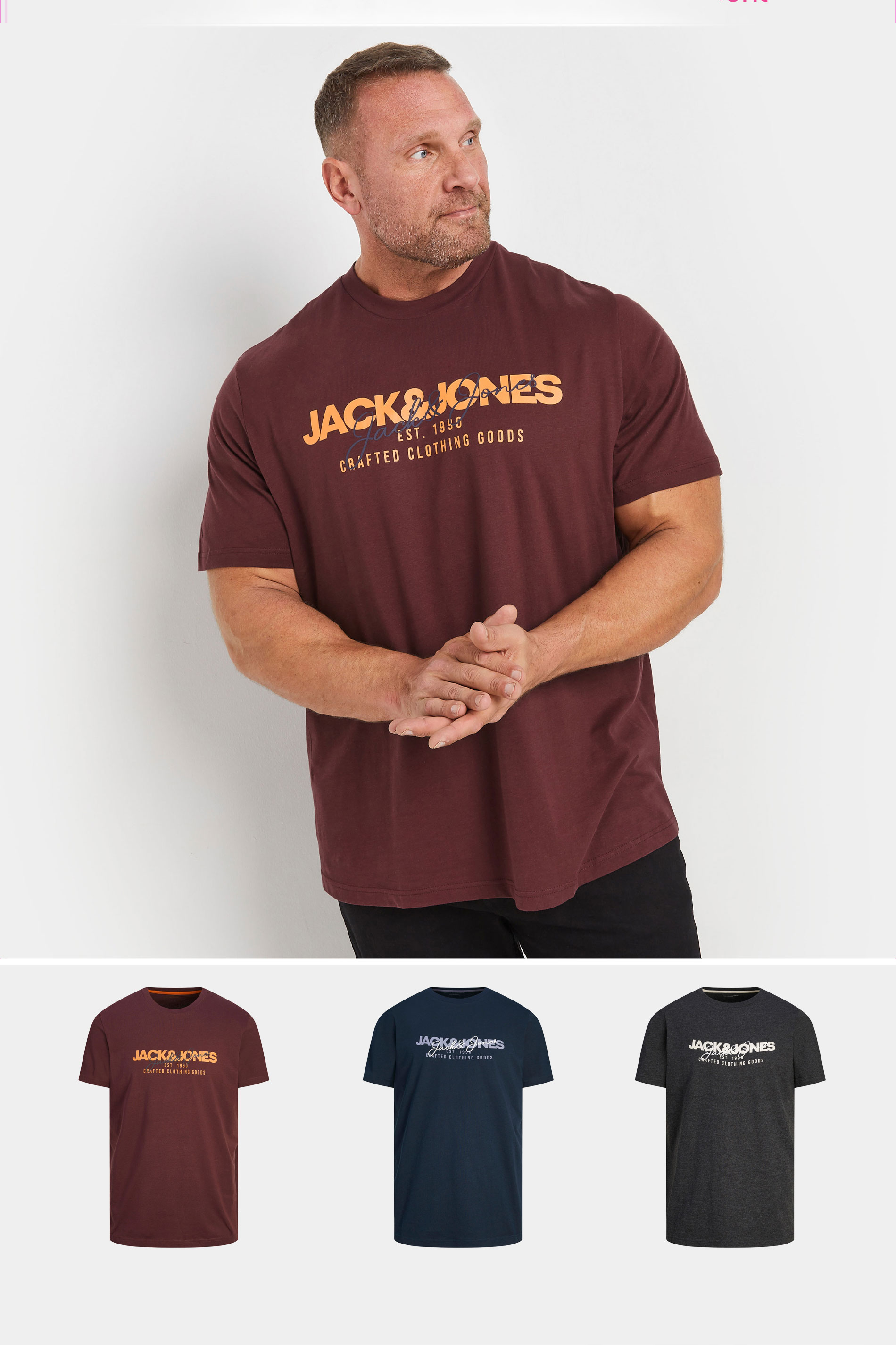 JACK & JONES Big & Tall Wine Red & Navy Blue 3 Pack T-Shirts | BadRhino 1