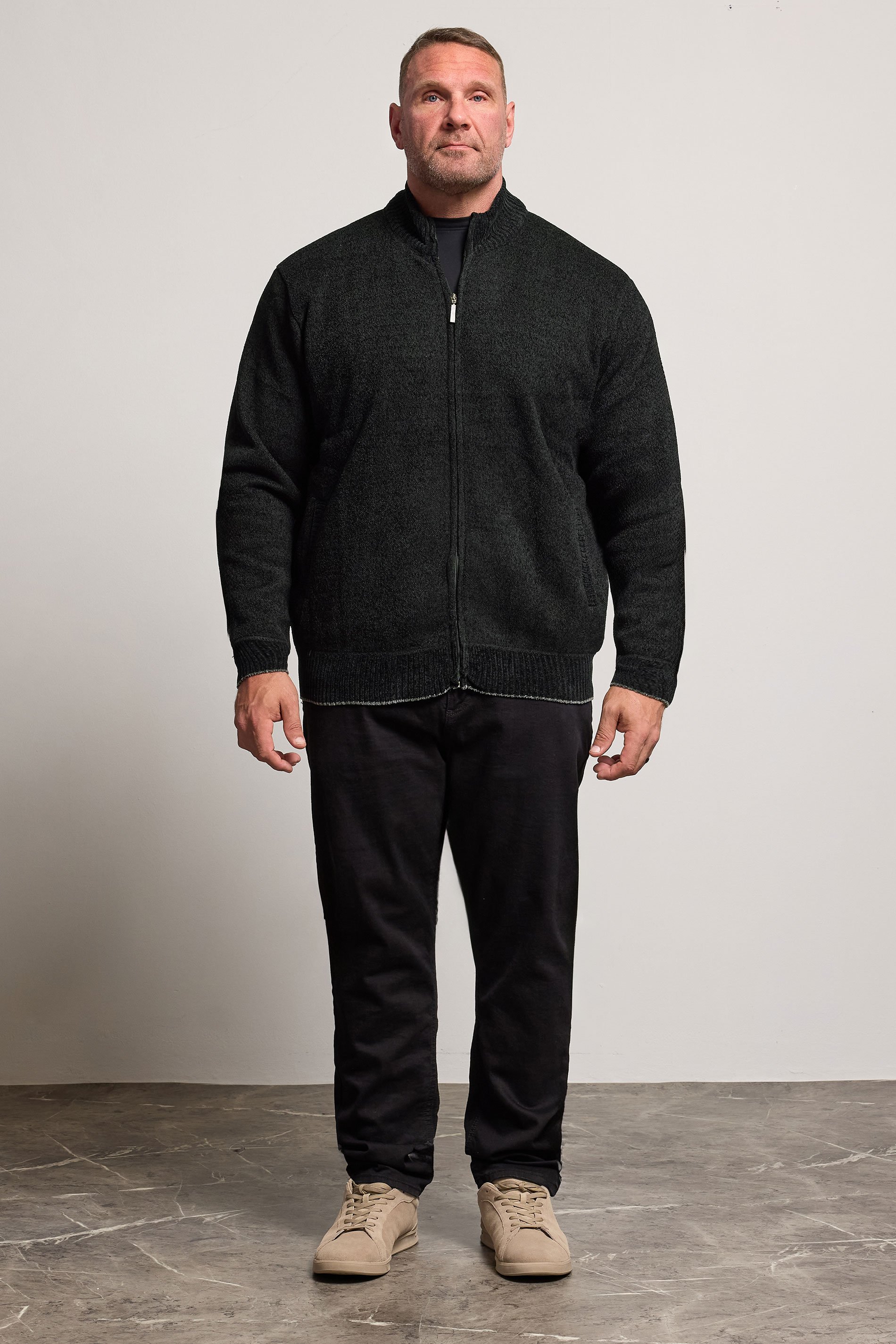 D555 Big & Tall Black Chenille Zip Through Knit Jumper | BadRhino 2