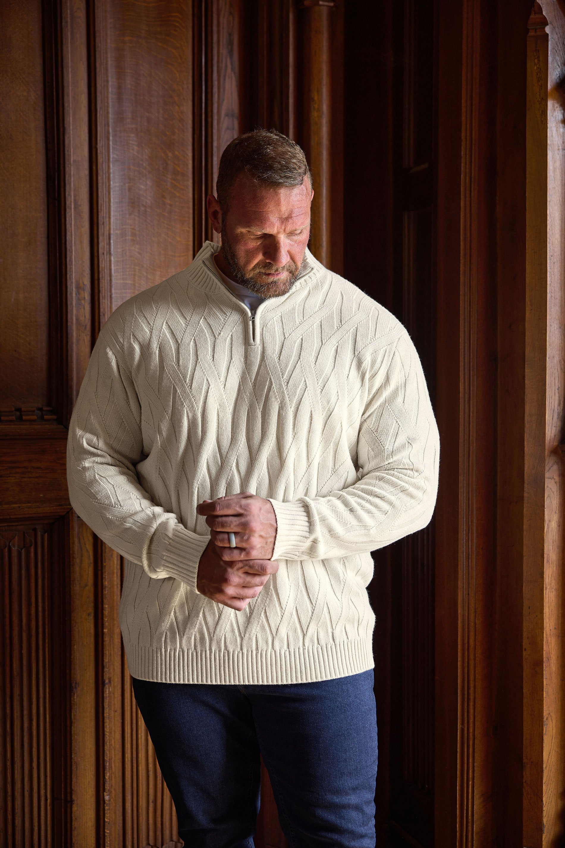 BadRhino Big & Tall Marshmallow Cream Cable Knit Quarter Zip Jumper | BadRhino 1