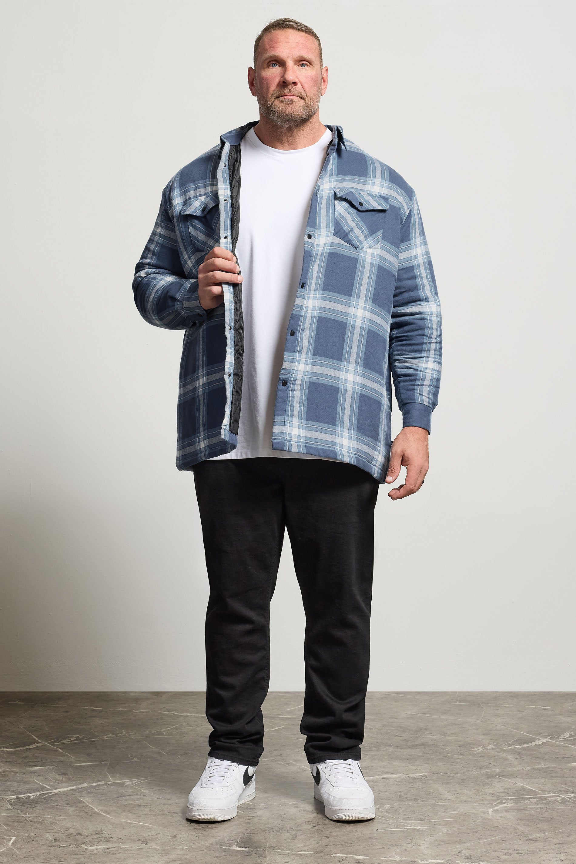 KAM Big & Tall Denim Blue Quilted Long Sleeve Check Overshirt | BadRhino 2